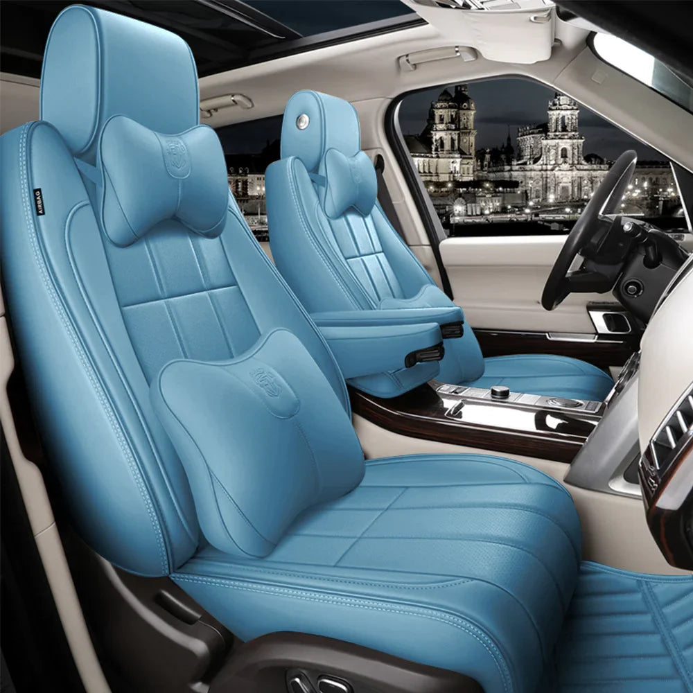 Luxury azure blue custom car seat covers with headrest and lumbar support in modern SUV interior