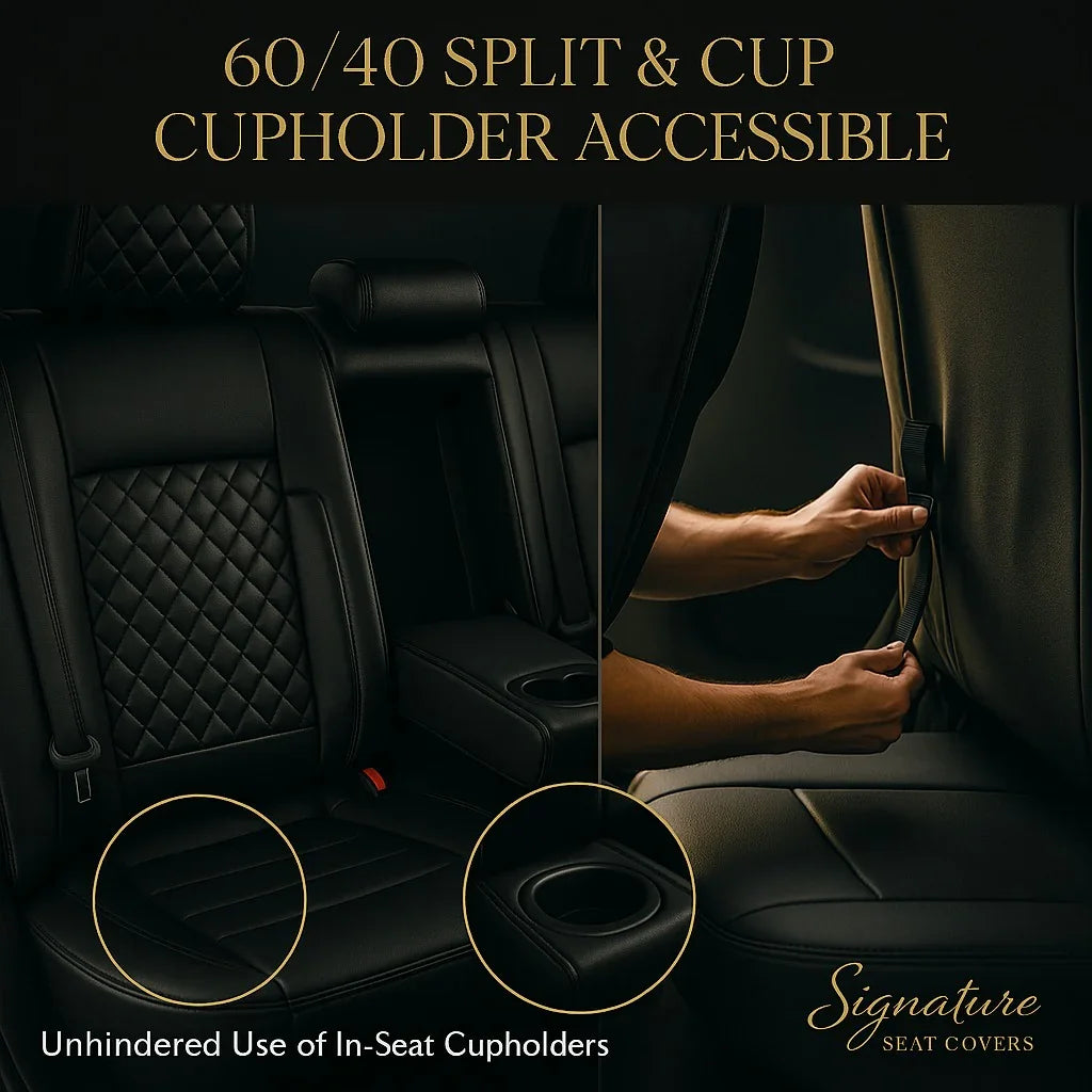 Luxury black custom car seat covers with 60/40 split and cupholder accessibility.