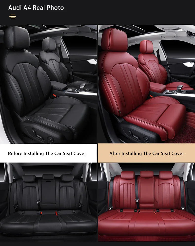 Audi A4 before and after luxury custom seat cover installation, showcasing black and red premium car seat covers.