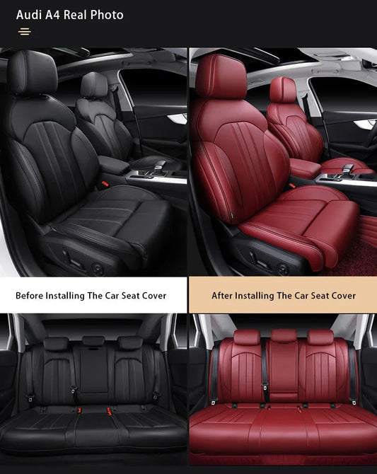 Audi A4 before and after luxury custom seat cover installation, showcasing black and red premium car seat covers.