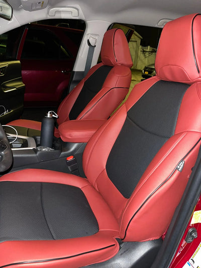 Luxury red and black custom car seat covers installed on front seats, perfect fit design
