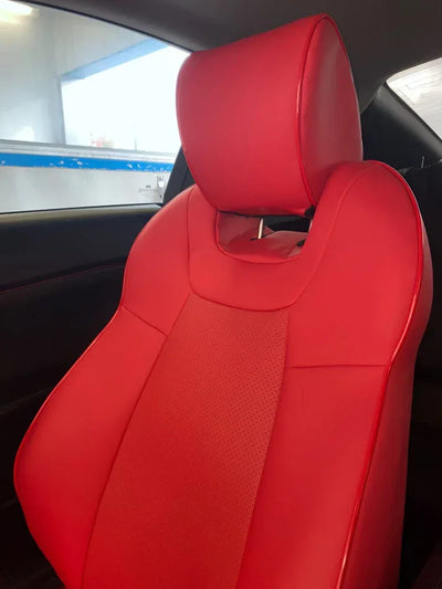 Red luxury custom seat cover on Hyundai Genesis front seat, premium fit and design