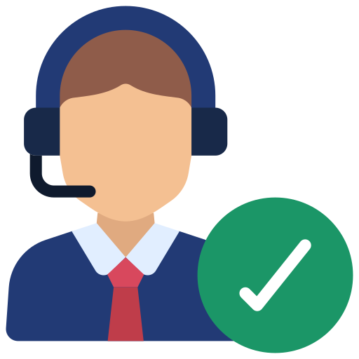 Icon of a person wearing a headset with a green check mark on a white background