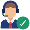 Customer support icon with headset, suit, and a green check mark for Signature Seat Covers service