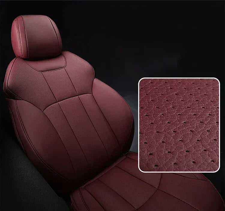 Luxury maroon custom car seat cover with perforated leather texture, premium fit and finish.