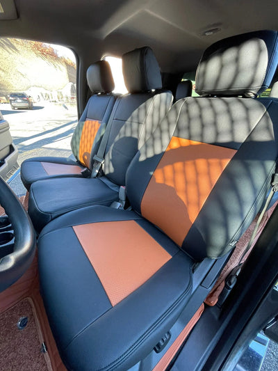 Ford F150 custom black and orange luxury seat covers, premium fit, easy DIY installation