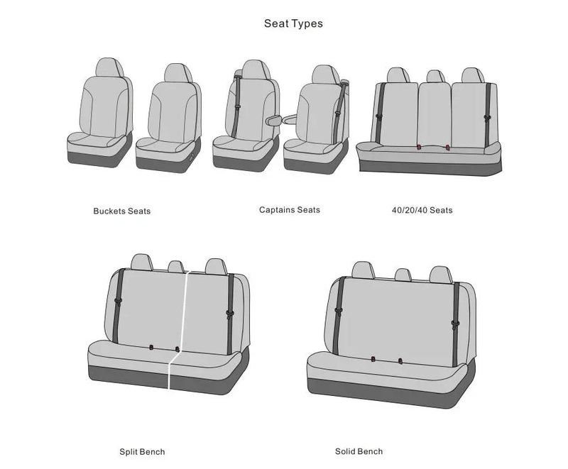 Illustration of car seat types for custom seat covers, showing bucket, captain, and bench seats.