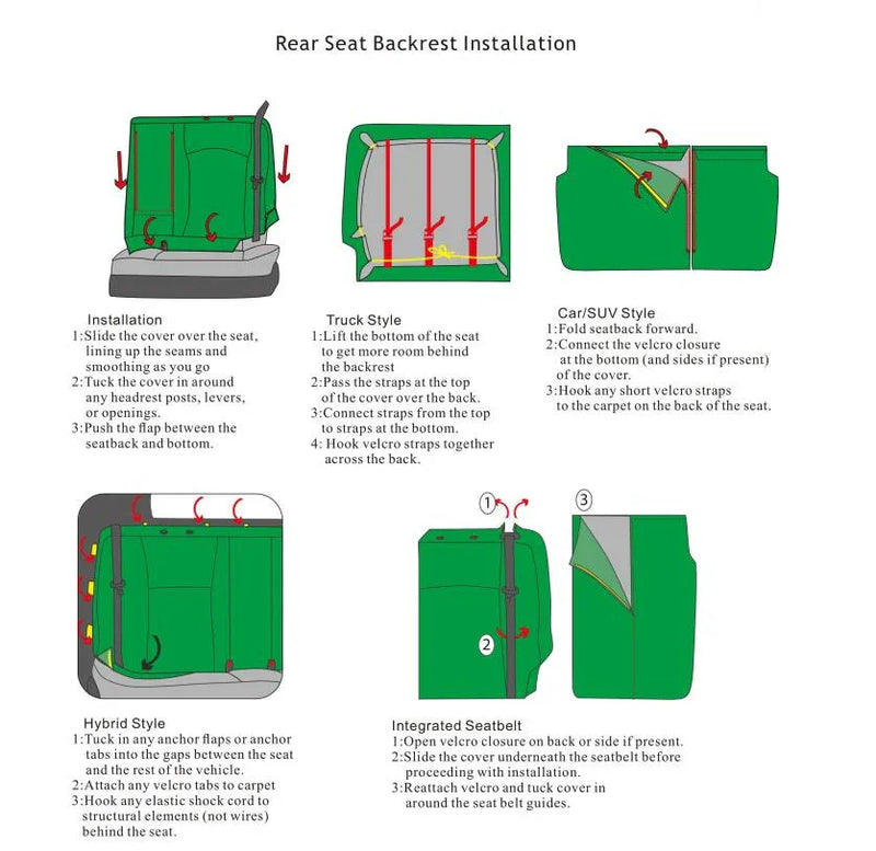 Step-by-step rear seat backrest installation guide for luxury custom car seat covers.