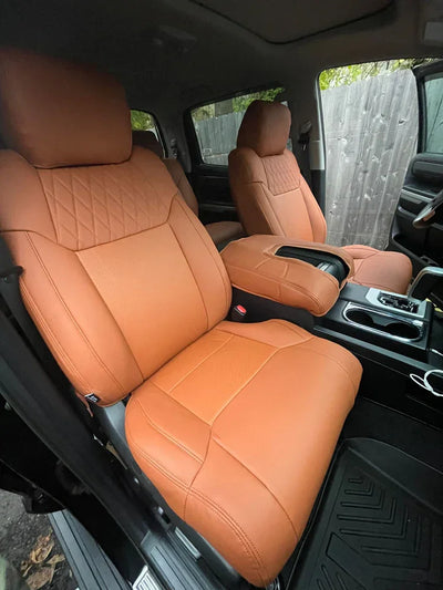 Luxury custom tan seat covers on Toyota Tundra front seats, perfect fit, premium quality