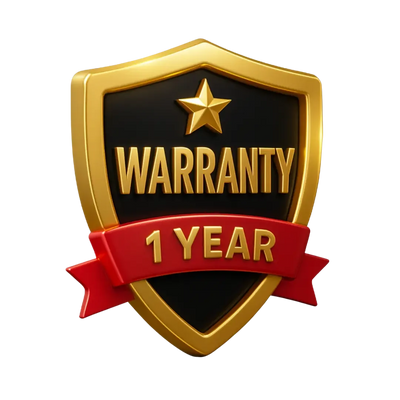 Gold and black warranty shield badge showing 1 year warranty for custom car seat covers